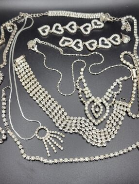 Vintage Lot Rhinestone Necklaces Bracelets Clear Crystal Glam